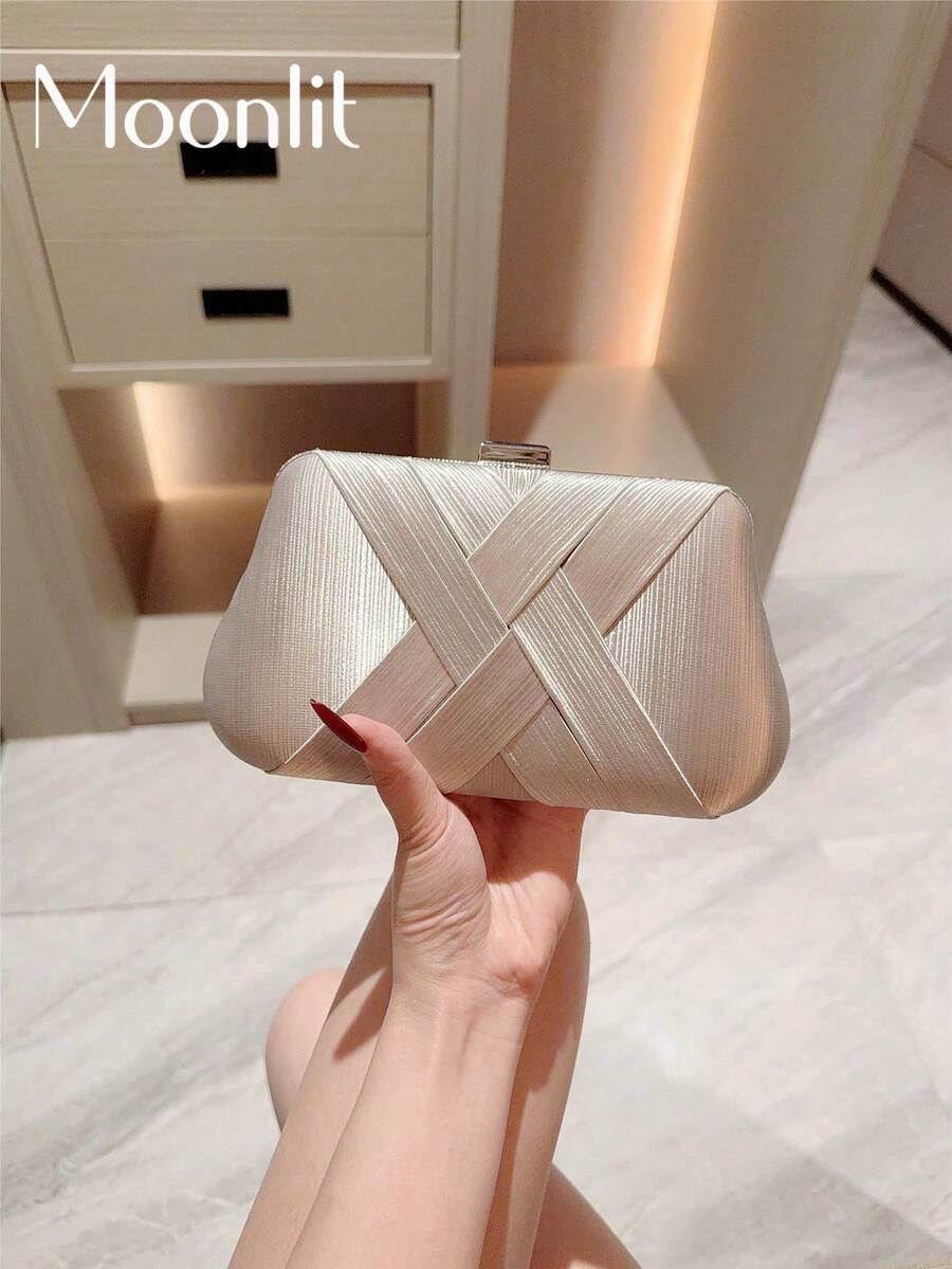 女士经典交叉设计优雅盒形晚宴手拿包,正式晚宴派对手提包 - 銀色 - 查看 1