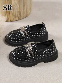 1 Pair Cute Metal Bow Decor Girls' Loafers, Fashionable Versatile Slip-On Shoes, Suitable For School Activities, Campus Essential - Black - View 7