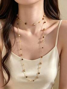 1PC Layered Beaded Chain Long Necklace, Vintage Y‑Shape Wrap Necklace, Dainty Statement Neck Jewelry For Women Daily Party Occasions - Gold - View 6