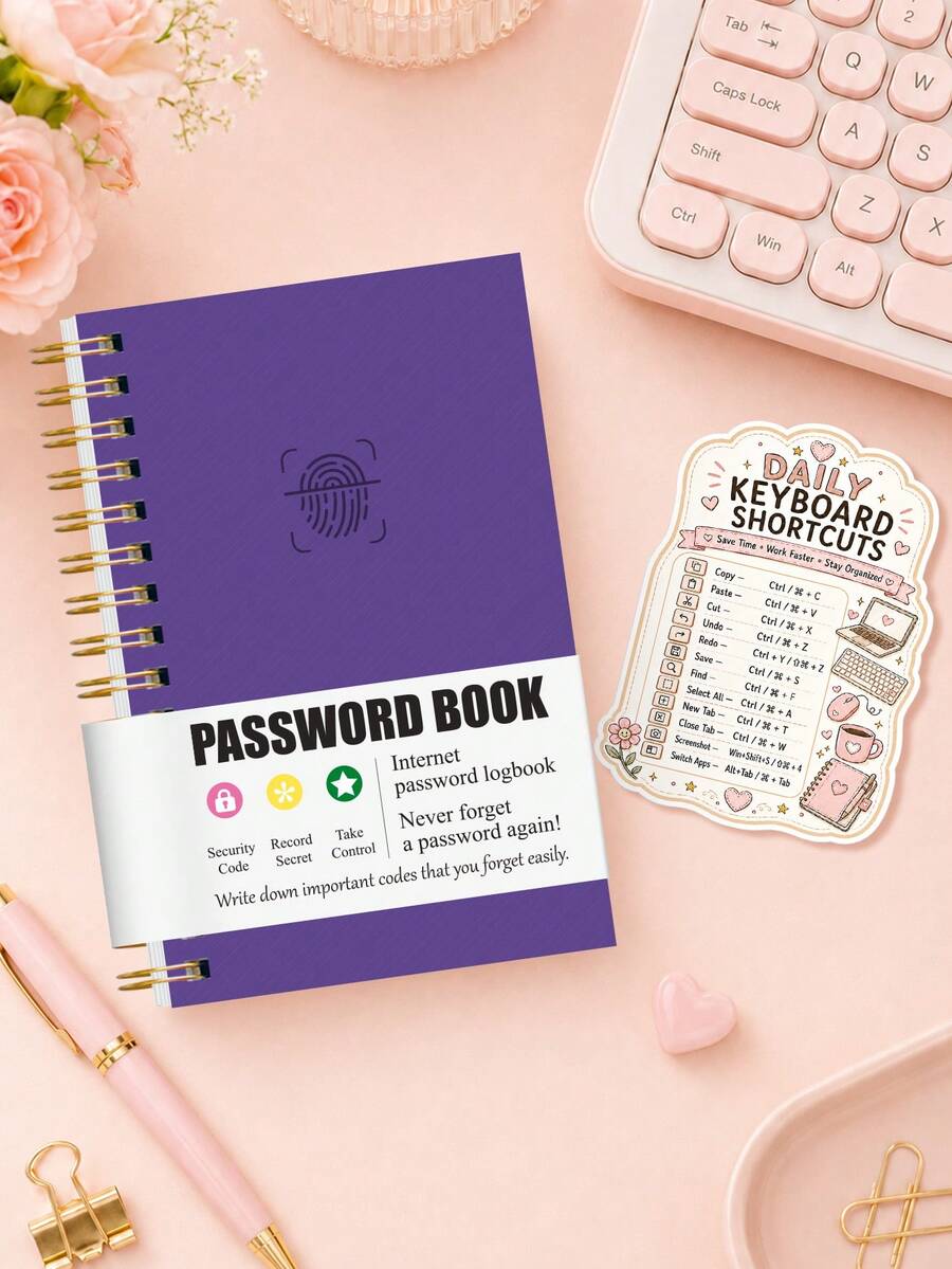 1 Set Buku Sandi & Stiker Pintasan Keyboard, Aksesoris Meja Kantor, Perlengkapan Kantor, Petunjuk Sandi Nama Pengguna Situs Web, Pengatur Email & Catatan untuk Rumah, Kantor & Hadiah Halloween - Buku Sandi A6 - View 1