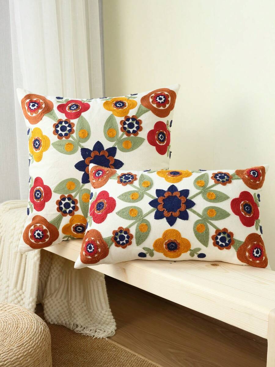 1pc Flower Embroidered Cushion Cover Without Filler, Modern Woven Fabric Decorative Throw Pillow Case For Bedroom, All Season