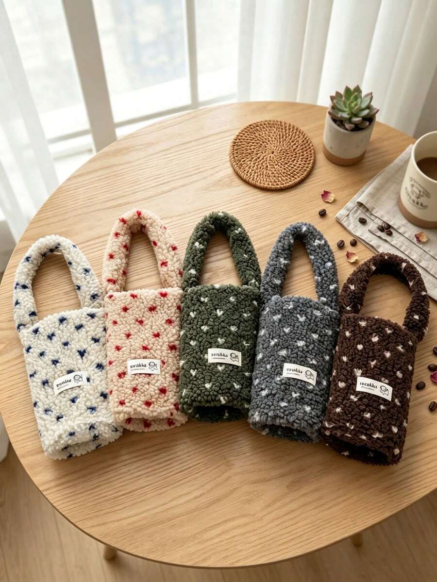 1pc Plush Heart Pattern Cup Sleeve, Portable Hand‑Held Drink Cup Bag,Travel Cup Holder Pouch, Multifunctional Outdoor Storage Handbag For Cup, Winter Warm Accessory For Picnic, Travel, Daily Outdoor Use