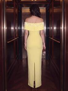 Nuevo vestido de vendaje elegante con cuello de chal, espalda descubierta y sexy, con una de perlas brillantes y diamantes de industria pesada, para damas en vestidos de cena - Amarillo - Ver 7