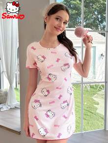 SANRIO 女款 Hello Kitty 睡裙，圓領可愛舒適度假睡衣居家服，卡通印花粉色與白色條紋睡裙家居服 - 粉色 - 查看 5
