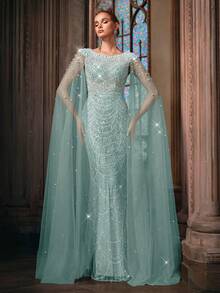 Women' Beaded Rhinestone Mermaid Evening Dress With Cape Sleeves & Mermaid Tail Train - Boat Neck Open Back Maxi Gown Suitable For Wedding, Prom, - Light Blue - View 8