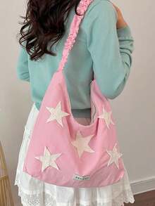 Star Patchwork Decor Shoulder Tote Bag, Ruched Strap Design, Vibrant Casual Style Women's Bag, Suitable For Daily School, Shopping, Dating, Travel, Fashionable Outfit - Pink - View 7