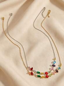 Women Rainbow Mixed Cut Glass Rhinestone Necklace, Dainty Colorful Imitation Gem Collarbone Chain For Daily Party Wear Jewelry - Multicolor - View 6