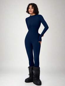 NcmRyu Women's 1pc Autumn/Winter Thermal Lined Solid Color Zipper Stand Collar Long Sleeve One-Piece Ski Suit - Navy Blue - View 9