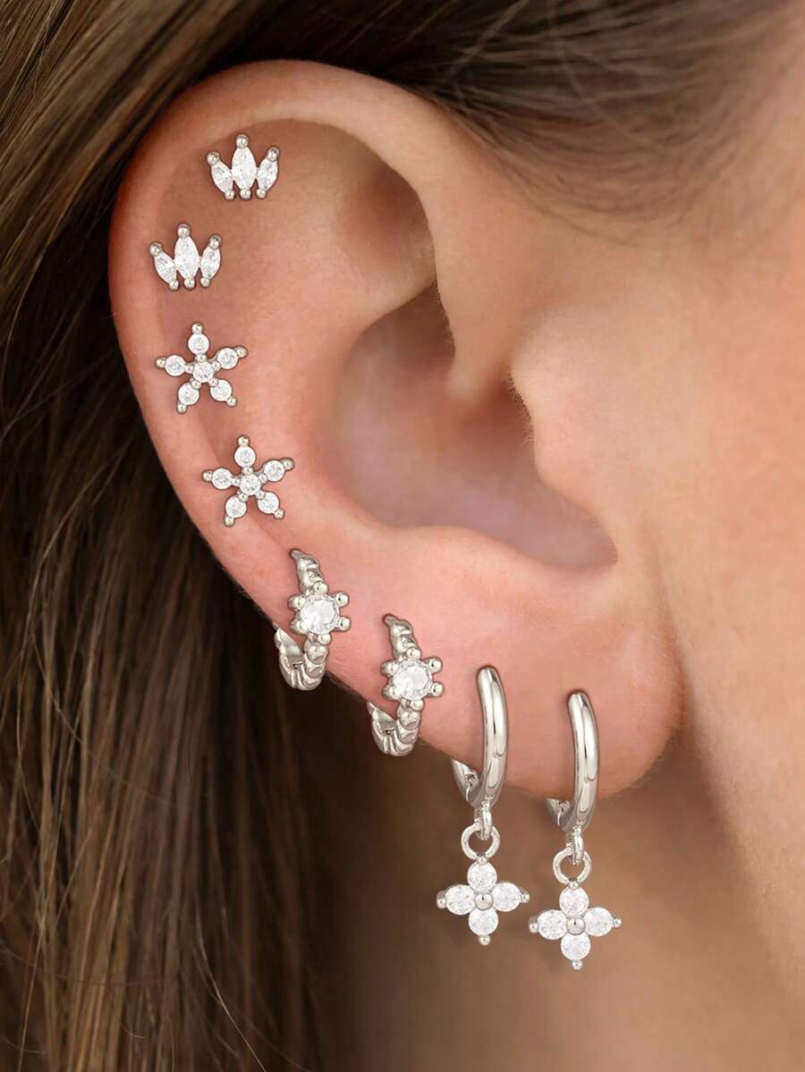 8PCS Exquisite Stainless Steel Crown Stud Earrings Set For Women Zirconia Flower Pendant Earring Fashion Daily Wear Jewelry - 8PCS-silver - View 1
