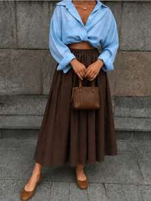 Women's Elastic Waist Flared Skirt - Brown - View 2