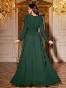 Volly Toych Elegant Long Sleeves Chiffon Maxi Bridesmaid Dress, Sleeves Without Lining, With Ruched Bust Scoop Neck For Special Occasions, Perfect For Events - Dark Green - View 3