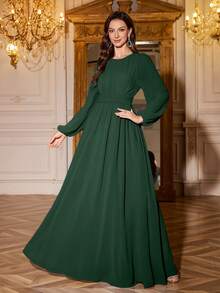 Volly Toych Elegant Long Sleeves Chiffon Maxi Bridesmaid Dress, Sleeves Without Lining, With Ruched Bust Scoop Neck For Special Occasions, Perfect For Events - Dark Green - View 6
