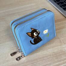 Cat And Flower Printed Card Holder Lightweight Fashionable Wallet Suitable For Daily Use For Women Double Zipper Mini Wallet Purse Wallet Card Wallet - Multicolor - View 9