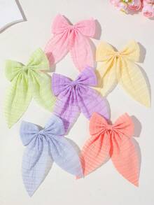 6pcs Kids Girls Solid Color Textured Chiffon Fabric Large Bow Hair Clips Hair Accessories Head Clips Back Of Head Clips Non-Damaging Hair Side Clips Alligator Hair Clips For Daily Use - Multicolor - View 2