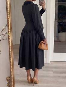 Solid Color Elegant Conservative Lace Patchwork Wedding Formal Evening Party Daily Commute Dress - Black - View 3