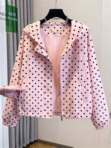 1pc Women's Polka Dot Print Cute Minimalist Hooded Coat With Pockets, Casual Daily Commute Date Tea Party - Pink - View 1
