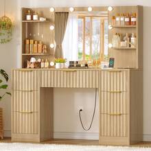 Large Vanity Desk With LED Lighted Mirror & Power Outlet,Makeup Vanity Table With 7 Drawers,4 Shelves And 5 Hooks,Vanity Table, Vanity Desk Set For Bedroom,Bathroom Natural - US A Type Plug(110-127V) - View 10