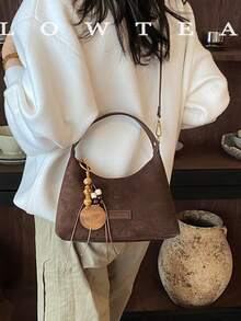 low tea 1pc Minimalist Fashion Suede Fabric Handbag With Adjustable Shoulder Strap, Suitable For Commuting, Shopping, Etc. (With Pendant) - Coffee - View 11