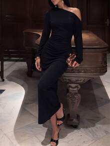 QUNGIGU Elegant Women's Asymmetrical Neckline Dress Long Sleeve Bodycon Ruched Waist For Evening Party Cocktail Fall Winter - Black - View 2