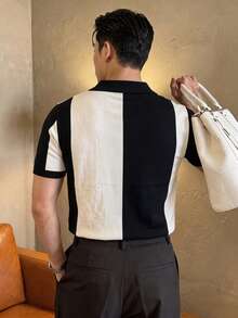 ALTZTAR Men's Short Sleeve Colorblock Patchwork Minimalist Casual Seagull Collar Knit Top - Black - View 6
