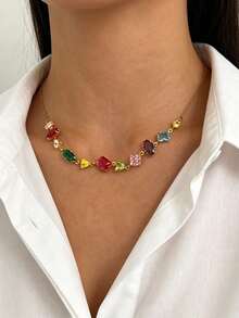 Women Rainbow Mixed Cut Glass Rhinestone Necklace, Dainty Colorful Imitation Gem Collarbone Chain For Daily Party Wear Jewelry - Multicolor - View 13