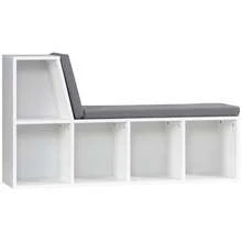 Estante/banco 2 em 1 com 5 compartimentos de arrumação e 2 almofadas, 108 x 30 x 60 cm, branco/cinzento - A - Ver 1