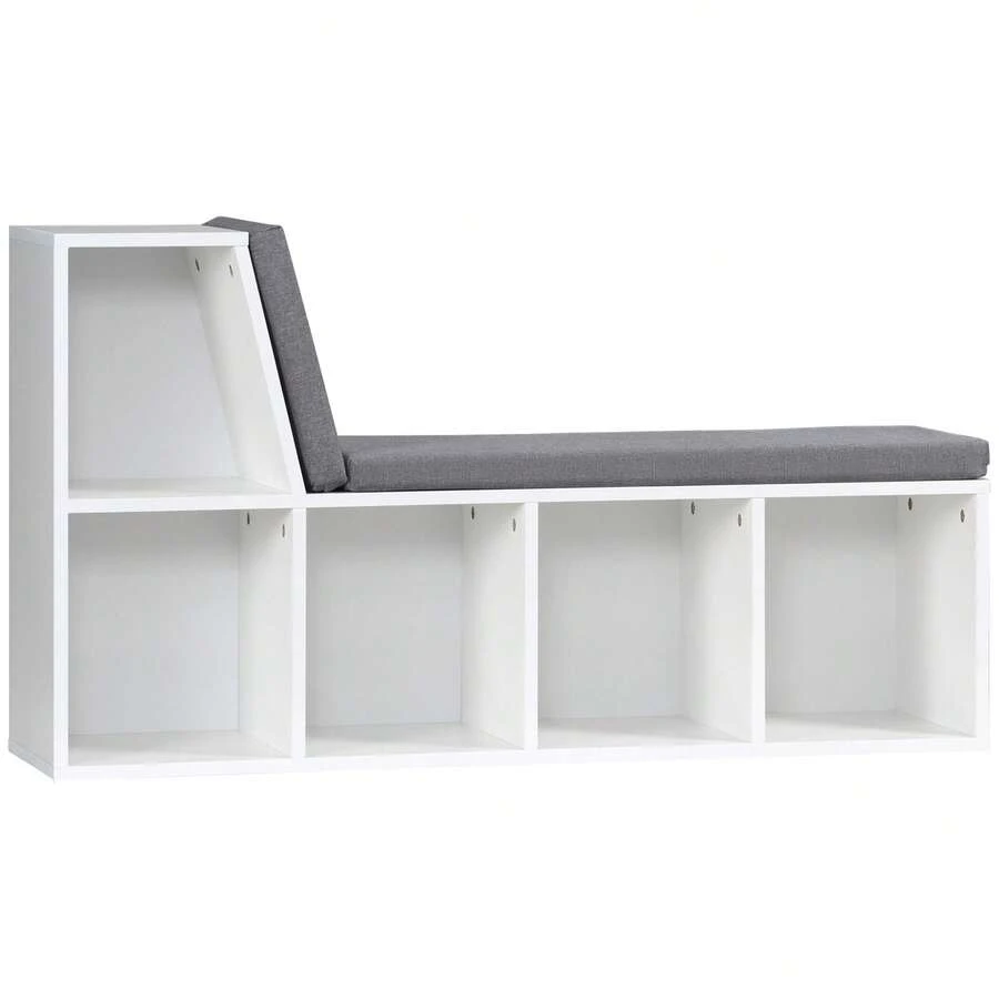 Estante/banco 2 em 1 com 5 compartimentos de arrumação e 2 almofadas, 108 x 30 x 60 cm, branco/cinzento - A - Ver 1
