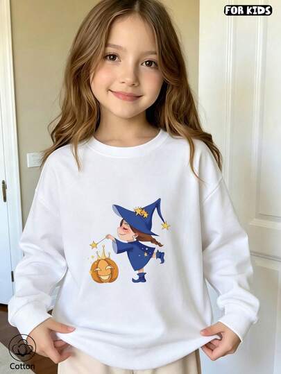 Children's Cotton Loose Round Neck Hoodie, Cute Wizard Pumpkin Print, Breathable And Casual Suitable For Boys And Girls' Daily Wear In Spring And Autu