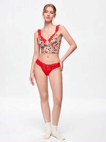 Bonmuse 1pc Women Floral Print Lace Patchwork Underwire Comfortable Bra - Apricot - View 3
