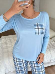 Women's Plus Size Pajama Set, Plaid Print, Long Sleeve Long Pants Loungewear Set, Autumn/Winter Clothing - Blue - View 4