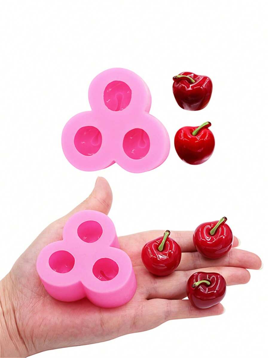 1pc Pink Liquid Silicone DIY 3D Cherry Silicone Mold For Jelly Pudding Cake Decoration Candy Chocolate, DIY Keychain Handmade Accessories Making
