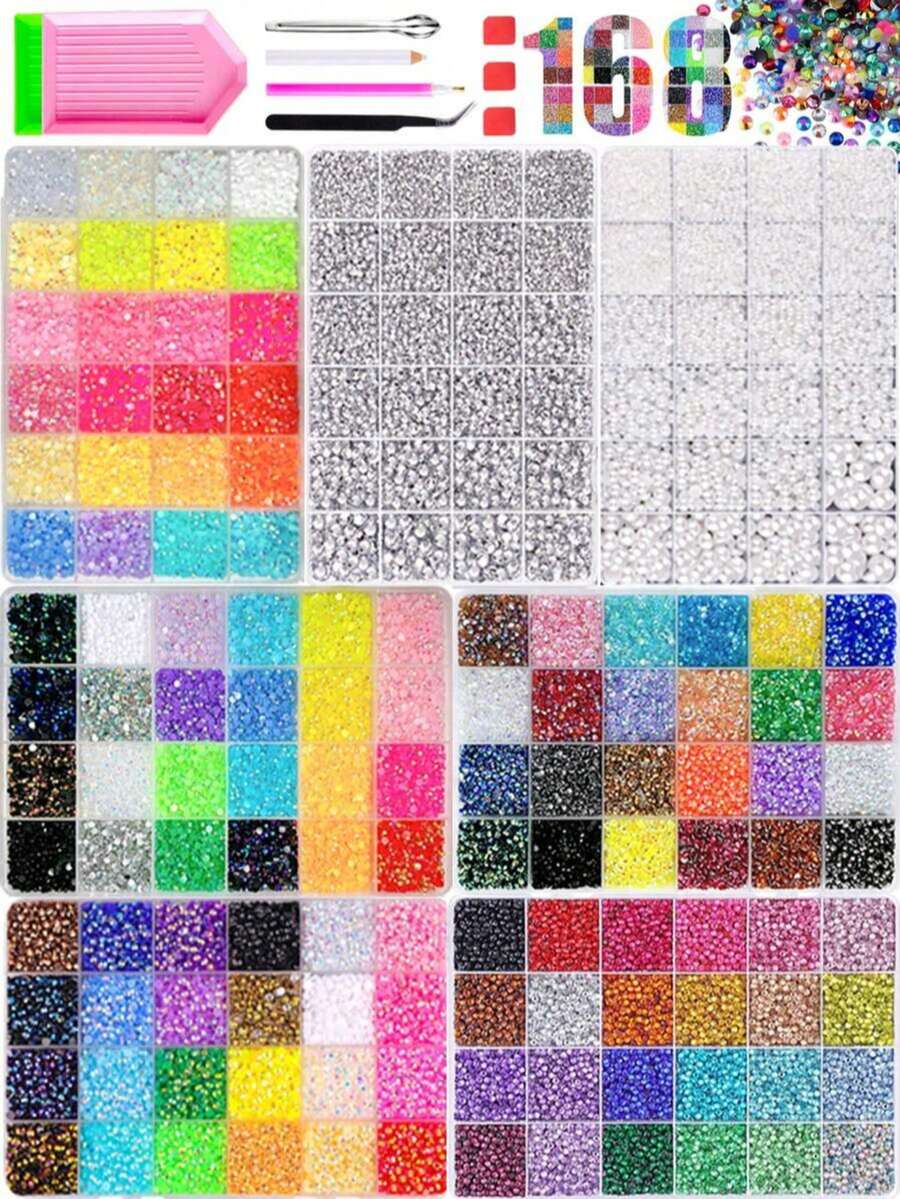 168pcs Random Mixed Color 3mm Colorful Rhinestones Nail Art Decoration, 3D Resin Flat Back Rhinestones With Tweezers Pen, Suitable For Nail Art, Handmade Clothing Fabric Decoration, Multi-Functional Nail DIY Accessories - Multicolor - View 1