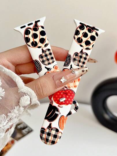 1pc Halloween Polka Dot Plaid Pumpkin Lantern Print Silicone Watch Band Compatible With Apple Watch 38/40/41/42/44/45/49/S10 42/S10 46mm Soft And Comfortable Silicone Watch Band Compatible With Apple Watch Ultra/SE 2/SE 1/Series 11/10/9/8/7/6/5/4/3/2/1 Suitable For Halloween, Daily Wear
