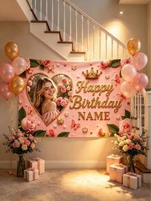 Customized Personalized Birthday Backdrop, Customizable Photo Name, Rose Crown Butterfly Decoration, Adding Unique Atmosphere To Your Birthday Party. Customizable Items, Customized Bed Head Flag Tapestry, And Exclusive Image Text Photo, Perfect Gift For Family, Friends And Yourself, Baby Room Decoration, Children's Birthday Party Decoration. - Multicolor - View 4