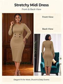 NOU Women's Mid-Length Asymmetrical Shoulder Long Sleeve Button Waist Cinched Bodycon Pencil Dress - Khaki - View 8