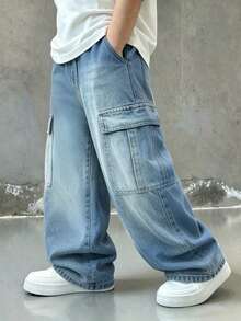 Tween Boy Fashion Casual Washed Cargo Denim Jeans - Blue - View 1