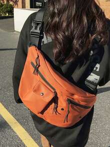 Solid Color Street Style Japanese Couple Chest Bag, Large Capacity Simple And Lightweight Shoulder Bag For Women, Men Casual Outdoor Crossbody Bag - Red - View 11