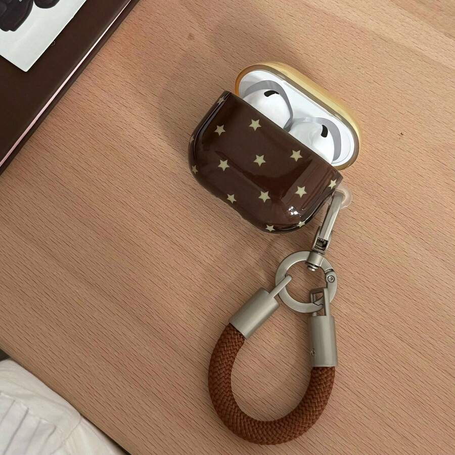 Korean Minimalist Transparent Coffee Bottom Yellow Star + Coffee Color Short Braided Rope Earphone Case Compatible With AirPods Pro 3 New Pro 2 Protective Cover Pro Cute Apple 4 Minimalist 3 Personalized 1/2 Generation Girls Earphone Case Protective Cover Spring/Summer Earphone Case/Birthday Gift/Holiday Gift - Brown - View 1