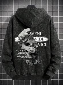 Black Gray Washed Tie-Dye Broken David Statue Back Latin Slogan Hoodie Sweatshirt Men's Loose Fit With Hood - Black - View 4