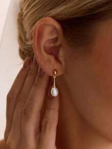 1 Pair Water Drop Pearl Earrings, 14K Gold Plated, Bridal Wedding Accessory, Suitable For Holiday Gift - Gold - View 5