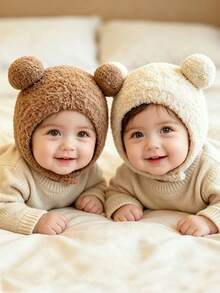 1/2pcs Baby Cute Bear Ear Fleece Hat, Soft Textured Warm Ear Protection Hat For Autumn/Winter, With Tie Knot, Cold-Proof Knitted Hat For Daily Wear - Multicolor - View 1