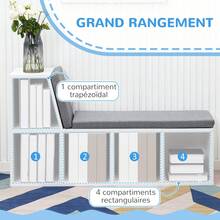Estante/banco 2 em 1 com 5 compartimentos de arrumação e 2 almofadas, 108 x 30 x 60 cm, branco/cinzento - A - Ver 7