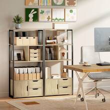 Boekenkast in industriële stijl met 3 planken, een kastdeur en 2 lades, 58 x 24 x 122 cm, natuurlijke houtlook, zwart staal - A - Bekijken 10