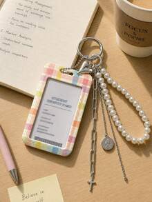 Y2k Colorful Sliding Card Holder Keychain With Pearl Love, Portable Id Badge Holder,Credit Card Holder, Suitable For School/Work/Office/Daily Use - Multicolor - View 8