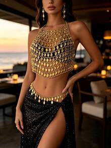 2Pcs Y2K Sparkly Rhinestone Body Chain & Waist Chain Set, Mesh Halter Body Harness For Festival Rave Night Party Beach Outfit - Gold - View 3