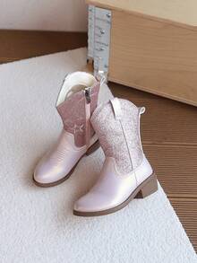 1雙女童刺繡中筒靴，兒童亮片中筒靴附側拉鍊，防滑復古時尚靴 - 粉色 - 查看 3