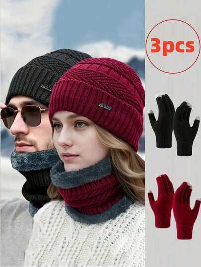 3pcs Winter Knitted Hat Scarf Gloves Set, Elastic Double Layer Warm Hat + Scarf + Gloves Set, Suitable For Winter Warmth, Christmas Gift, New Year Gift, Outdoor Warmth Set, Random Inner Lining Color - Autumn Outfit