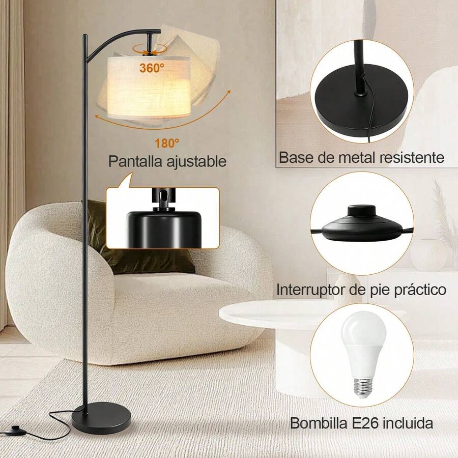 Lámpara Lupita Lámpara de pie regulable con pantalla de lino natural ajustable, base de metal resistente, interruptor de pedal práctico y bombilla E26 incluida - Tipo de Enchufe A USA (110-127V) - Ver 1