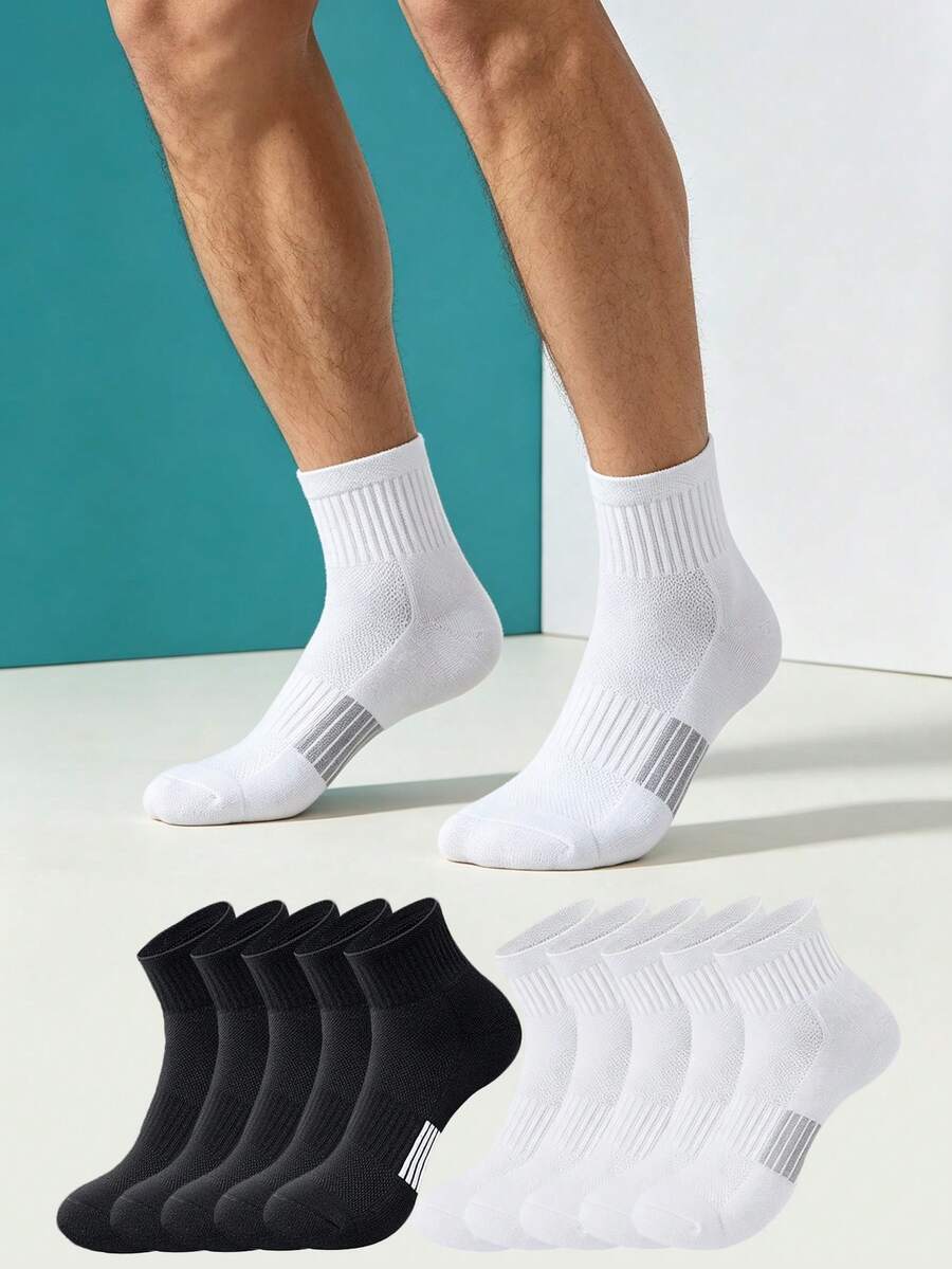 1/5/10/20 Pairs Men's Mid-Calf Socks, Mesh Comfortable Sports Socks, Striped Non-Slip Shock-Absorbing Sole, Simple Casual Socks - Multicolor - View 1
