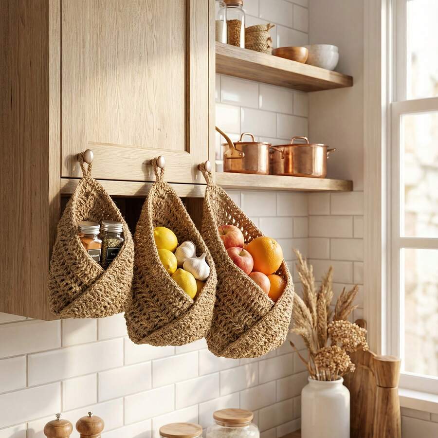 1pc Handmade Jute Wall-Mounted Fruit & Vegetable Storage Basket, Macrame Design With Mesh Structure - Multicolor - View 1